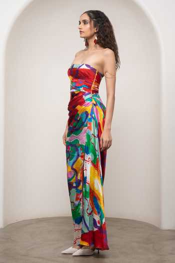 Advait_Multi Color Satin, Bemberg Bandeau Neck Alya Printed Maxi Dress _Online_at_Aza_Fashions
