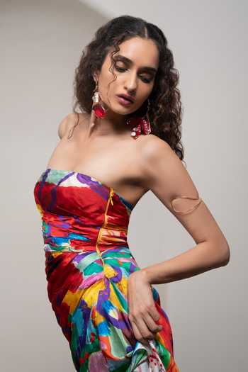 Buy_Advait_Multi Color Satin, Bemberg Bandeau Neck Alya Printed Maxi Dress _Online_at_Aza_Fashions