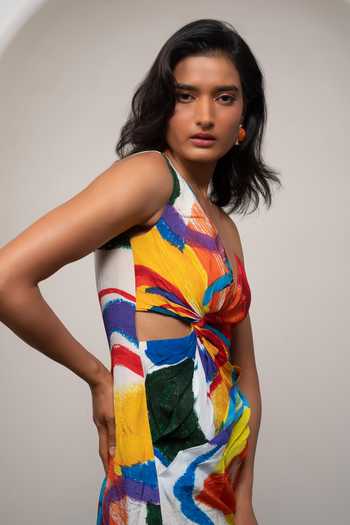 Buy Advait Multi Color Crepe Asymmetric Neck Ruel Draped Short Dress Online at Aza Fashions Buy_Advait_Multi Color Crepe Asymmetric Neck Ruel Draped Short Dress _Online_at_Aza_Fashions