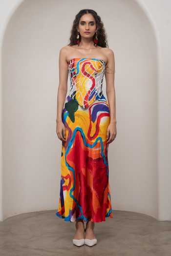 Advait_Multi Color Bemberg, Satin Embroidery Ruel Abstract Print Corset And Skirt Set _Online_at_Aza_Fashions