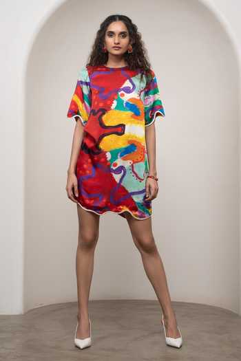 Buy Advait Multi Color Satin, Bemberg Round Neck Alya Printed Shift Dress Online at Aza Fashions Buy_Advait_Multi Color Satin, Bemberg Round Neck Alya Printed Shift Dress _Online_at_Aza_Fashions