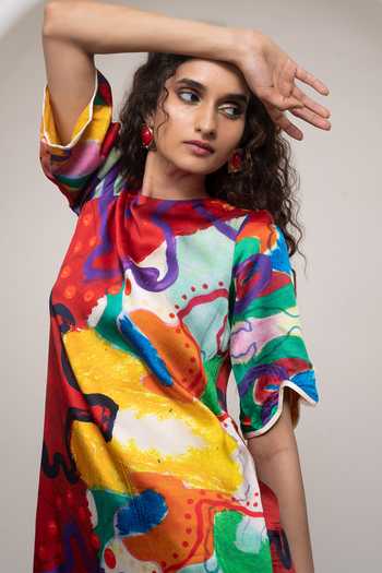 Shop Advait Multi Color Satin, Bemberg Round Neck Alya Printed Shift Dress Online at Aza Fashions Shop_Advait_Multi Color Satin, Bemberg Round Neck Alya Printed Shift Dress _Online_at_Aza_Fashions