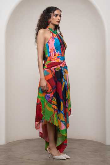 Advait_Multi Color Crepe Halter Neck Sorel Pleated Maxi Dress _Online_at_Aza_Fashions