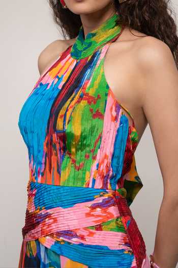 Buy_Advait_Multi Color Crepe Halter Neck Sorel Pleated Maxi Dress _Online_at_Aza_Fashions