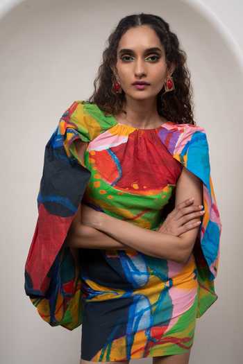 Advait_Multi Color Poplin Round Neck Sorel Printed Short Dress _Online_at_Aza_Fashions