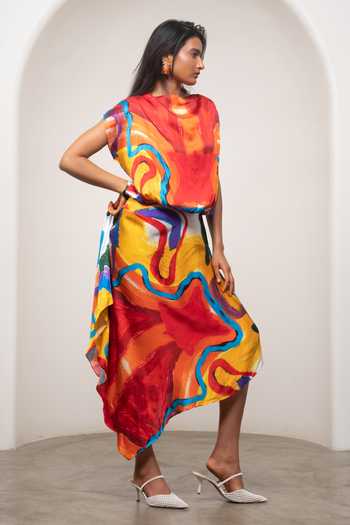 Advait Multi Color Satin, Bemberg Round Neck Ruel Handkerchief Dress Online at Aza Fashions Advait_Multi Color Satin, Bemberg Round Neck Ruel Handkerchief Dress _Online_at_Aza_Fashions