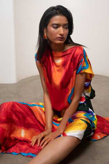 Shop Advait Multi Color Satin, Bemberg Round Neck Ruel Handkerchief Dress Online at Aza Fashions Shop_Advait_Multi Color Satin, Bemberg Round Neck Ruel Handkerchief Dress _Online_at_Aza_Fashions