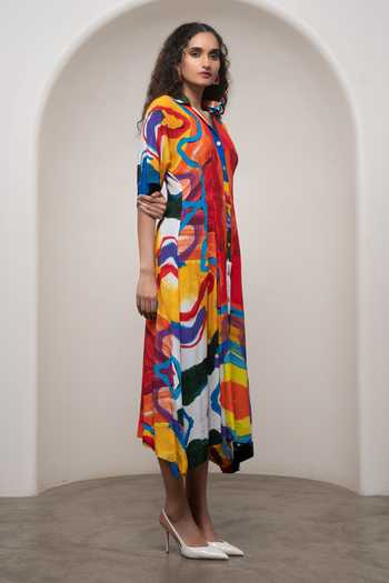 Advait_Multi Color Crepe Collared Neck Ruel Kimono Dress _Online_at_Aza_Fashions
