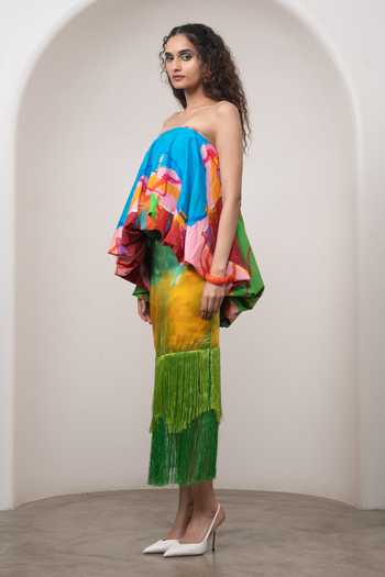 Advait_Multi Color Satin, Poplin Bandeau Neck Sorel Printed Top And Skirt Set _Online_at_Aza_Fashions