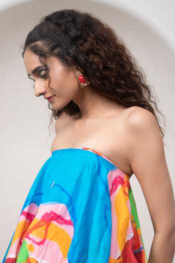 Shop_Advait_Multi Color Satin, Poplin Bandeau Neck Sorel Printed Top And Skirt Set _Online_at_Aza_Fashions