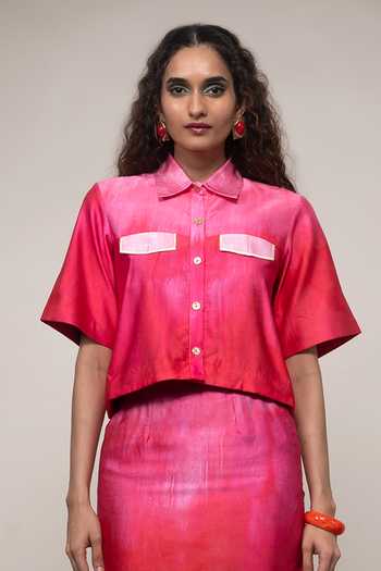 Shop Advait Pink Satin, Bemberg Lila Cropped Shirt And Skirt Set Online at Aza Fashions Shop_Advait_Pink Satin, Bemberg Lila Cropped Shirt And Skirt Set _Online_at_Aza_Fashions