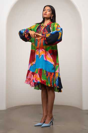 Advait_Pink Crepe V-neck Sorel Gathered Dress _Online_at_Aza_Fashions