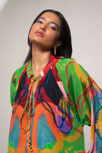 Buy_Advait_Pink Crepe V-neck Sorel Gathered Dress _Online_at_Aza_Fashions