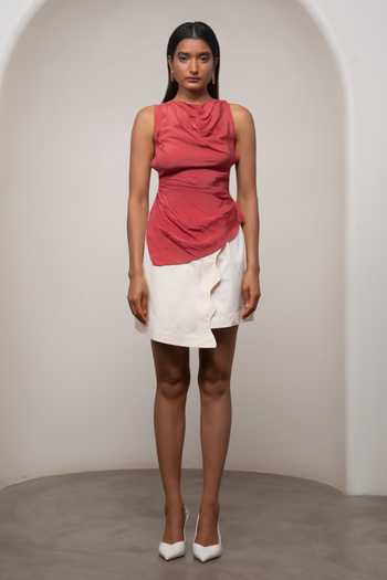 Advait_Red Cotton, Crepe Cowl Neck Sena Draped Top And Skirt Set _Online_at_Aza_Fashions