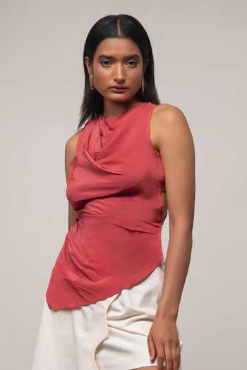 Shop_Advait_Red Cotton, Crepe Cowl Neck Sena Draped Top And Skirt Set _Online_at_Aza_Fashions