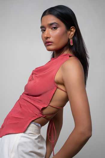 Buy_Advait_Red Cotton, Crepe Cowl Neck Sena Draped Top And Skirt Set 