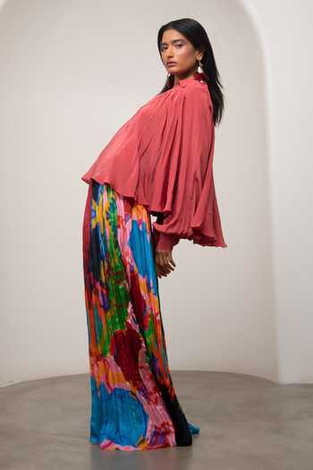 Advait_Pink Crepe V-neck Sena Gathered Top And Skirt _Online_at_Aza_Fashions