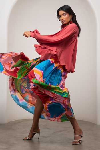 Buy_Advait_Pink Crepe V-neck Sena Gathered Top And Skirt _Online_at_Aza_Fashions