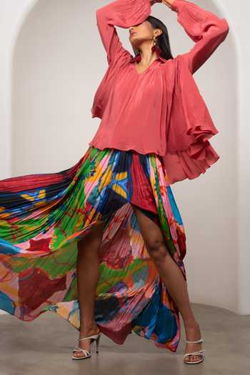 Advait_Pink Crepe V-neck Sena Gathered Top And Skirt _at_Aza_Fashions