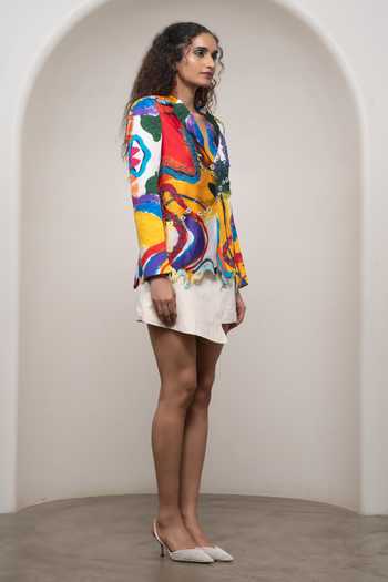 Advait_Multi Color Cotton, Satin, Bemberg V-neck Ruel Wavy Print Blazer And Skirt Set _Online_at_Aza_Fashions