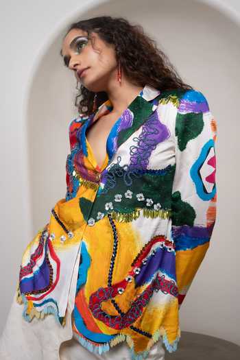 Buy_Advait_Multi Color Cotton, Satin, Bemberg V-neck Ruel Wavy Print Blazer And Skirt Set _Online_at_Aza_Fashions