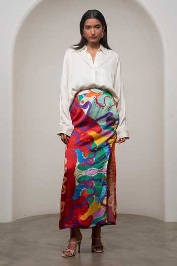 Advait_White Satin Collared Neck Alya Shirt And Printed Skirt Set _Online_at_Aza_Fashions