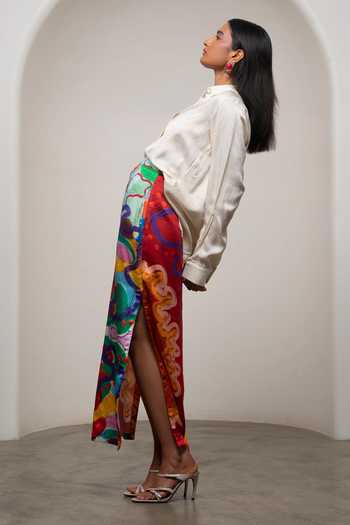 Buy_Advait_White Satin Collared Neck Alya Shirt And Printed Skirt Set _Online_at_Aza_Fashions