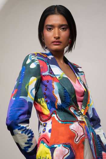 Shop_Advait_Multi Color Satin, Bemberg Varen Printed Blazer And Skirt Set _Online_at_Aza_Fashions