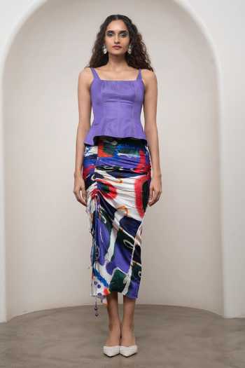 Advait Purple Satin, Bemberg Square Neck Varen Peplum Top And Skirt Set Online at Aza Fashions Advait_Purple Satin, Bemberg Square Neck Varen Peplum Top And Skirt Set _Online_at_Aza_Fashions