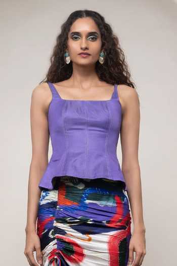 Buy Advait Purple Satin, Bemberg Square Neck Varen Peplum Top And Skirt Set Online at Aza Fashions Buy_Advait_Purple Satin, Bemberg Square Neck Varen Peplum Top And Skirt Set _Online_at_Aza_Fashions