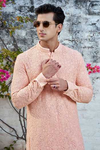 Buy_Philocaly_Peach Georgette Embroidery Gardenia Kurta _Online_at_Aza_Fashions