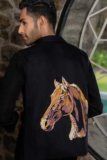 Shop Hilo Design Black Embroidery Stirrup Shacket at Aza Fashions Shop_Hilo Design_Black Embroidery Stirrup Shacket _at_Aza_Fashions
