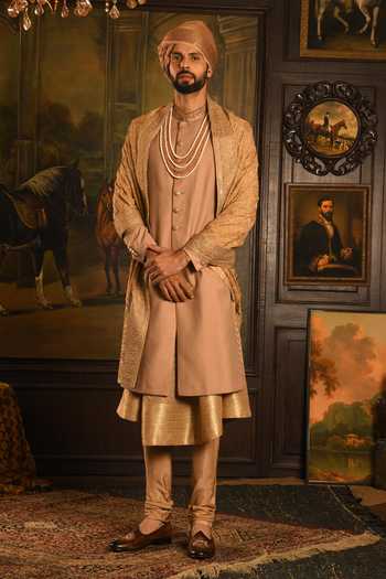 Punit Arora_Gold Silk Zardozi Embroidered Sherwani And Kurta Set _Online_at_Aza_Fashions