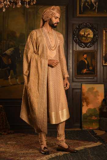 Shop_Punit Arora_Gold Silk Zardozi Embroidered Sherwani And Kurta Set _Online_at_Aza_Fashions