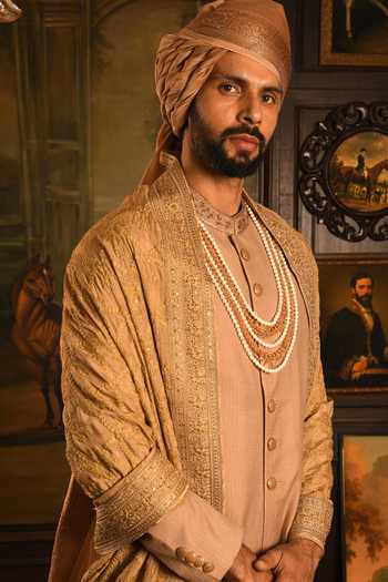 Punit Arora_Gold Silk Zardozi Embroidered Sherwani And Kurta Set _at_Aza_Fashions