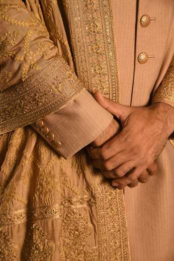 Shop_Punit Arora_Gold Silk Zardozi Embroidered Sherwani And Kurta Set 