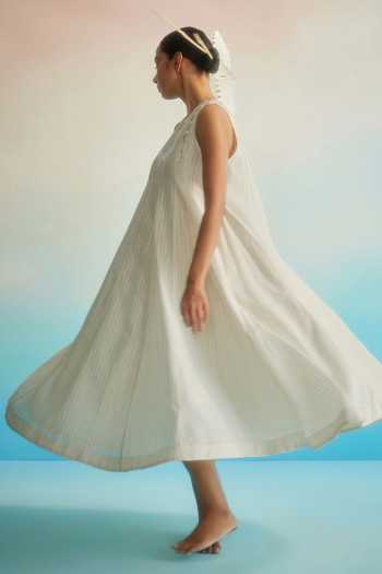 Ahmev_Ivory Chanderi, Cotton Embroidery Halter Neck Utsuroi Dress _at_Aza_Fashions