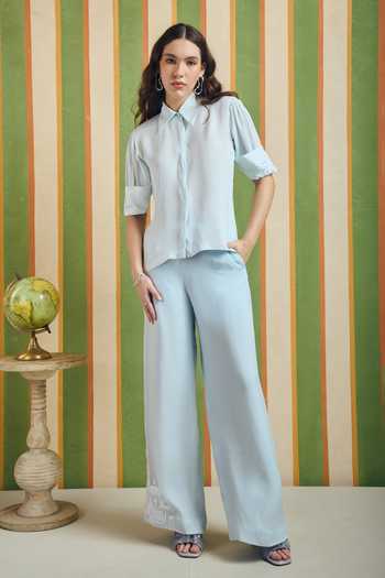Buy_Orthodox_Sky Blue Satin Embroidery, Sequins Collared Folded Edge Shirt _Online_at_Aza_Fashions