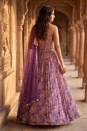 Basanti Kapde aur Koffee Printed Corset Lehenga Set 