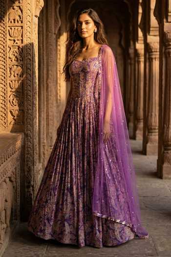 Basanti Kapde aur Koffee_Purple Georgette Sequins Sweetheart Neck Printed Corset Lehenga Set _Online_at_Aza_Fashions