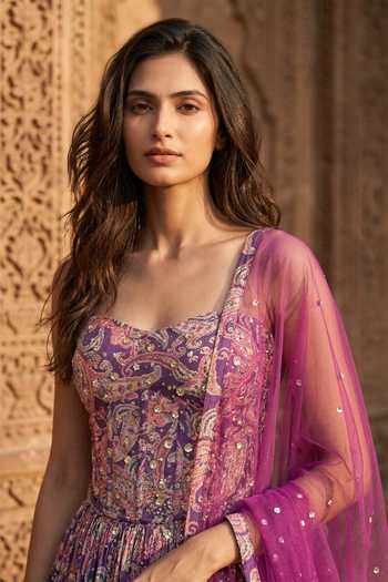 Buy_Basanti Kapde aur Koffee_Purple Georgette Sequins Sweetheart Neck Printed Corset Lehenga Set _Online_at_Aza_Fashions