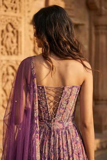 Shop_Basanti Kapde aur Koffee_Purple Georgette Sequins Sweetheart Neck Printed Corset Lehenga Set _Online_at_Aza_Fashions