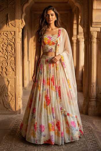 Basanti Kapde aur Koffee Floral Print Lehenga Set 