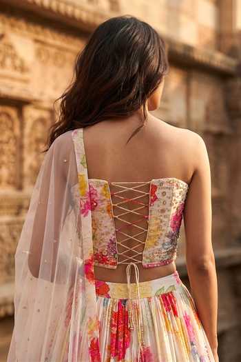 Basanti Kapde aur Koffee_Multi Color Georgette Sequins, Stones Sweetheart Neck Floral Print Lehenga Set _Online_at_Aza_Fashions