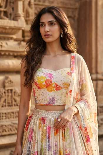 Buy_Basanti Kapde aur Koffee_Multi Color Georgette Sequins, Stones Sweetheart Neck Floral Print Lehenga Set _Online_at_Aza_Fashions