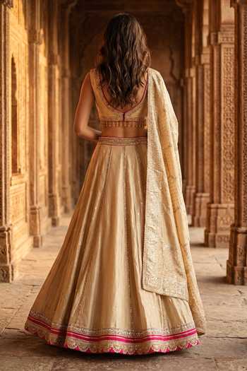 Basanti Kapde aur Koffee Embroidered Tissue Lehenga Set 