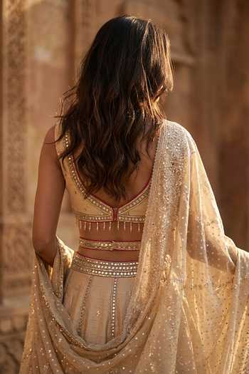 Buy_Basanti Kapde aur Koffee_Gold Tissue Sweetheart Neck Embroidered Lehenga Set _Online_at_Aza_Fashions