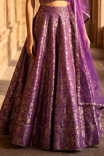 Shop_Basanti Kapde aur Koffee_Purple Sequins Sweetheart Neck Floral Woven Lehenga Set _Online_at_Aza_Fashions