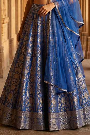 Basanti Kapde aur Koffee Blue V-neck Flower Woven Lehenga Set Online at Aza Fashions Basanti Kapde aur Koffee_Blue V-neck Flower Woven Lehenga Set _Online_at_Aza_Fashions