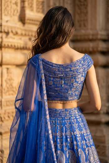 Buy Basanti Kapde aur Koffee Blue V-neck Flower Woven Lehenga Set Online at Aza Fashions Buy_Basanti Kapde aur Koffee_Blue V-neck Flower Woven Lehenga Set _Online_at_Aza_Fashions
